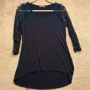 Black stretch top with lace sleeves and small black beads high low style New
